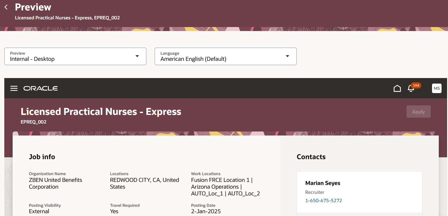 ジョブ求人のプレビュー: 内部 - デスクトップ・ビュー