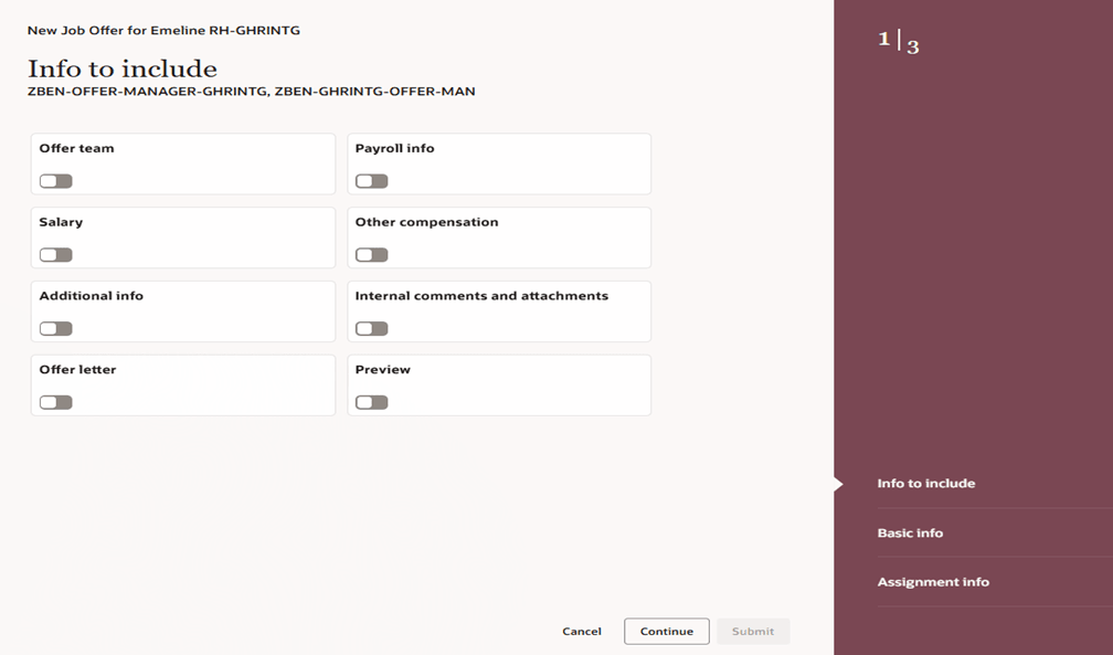 新規ジョブ・オファー・フローにセクションを含める情報