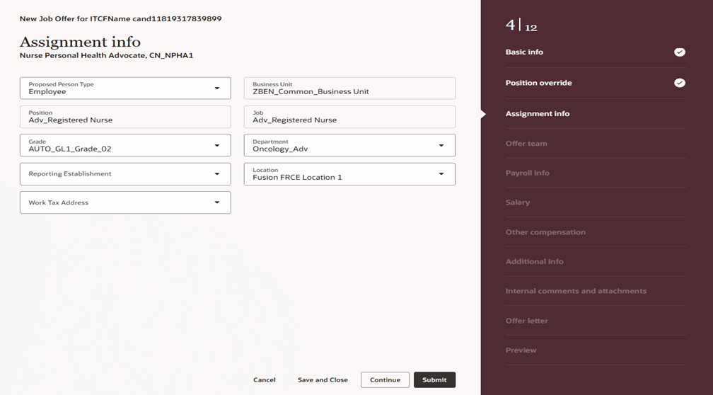 新規ジョブ・オファー・フローの「アサイメント情報」セクション