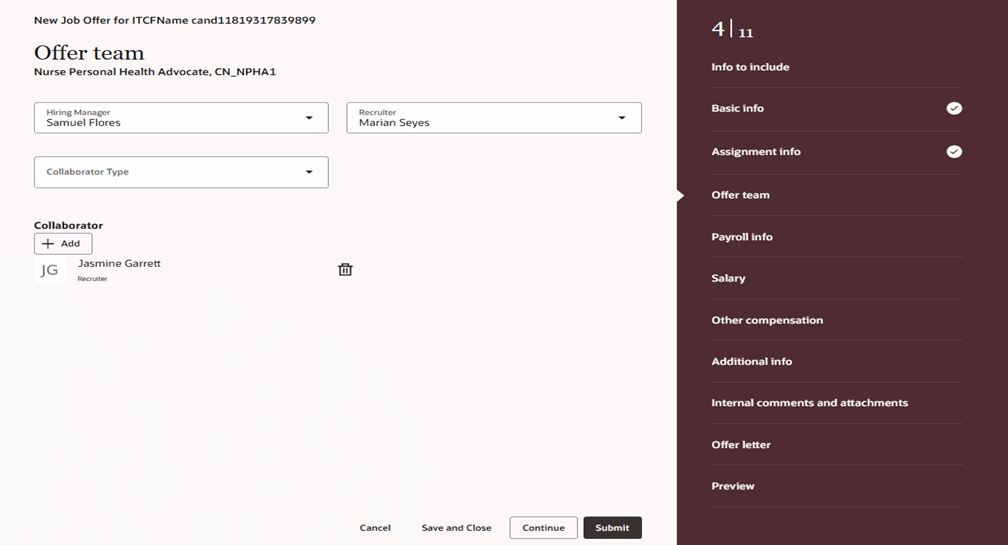 新規ジョブ・オファー・フローの「オファー・チーム」セクション