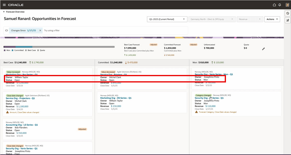 「予測」ページの商談に追加の所有者およびステータス情報がある商談カード