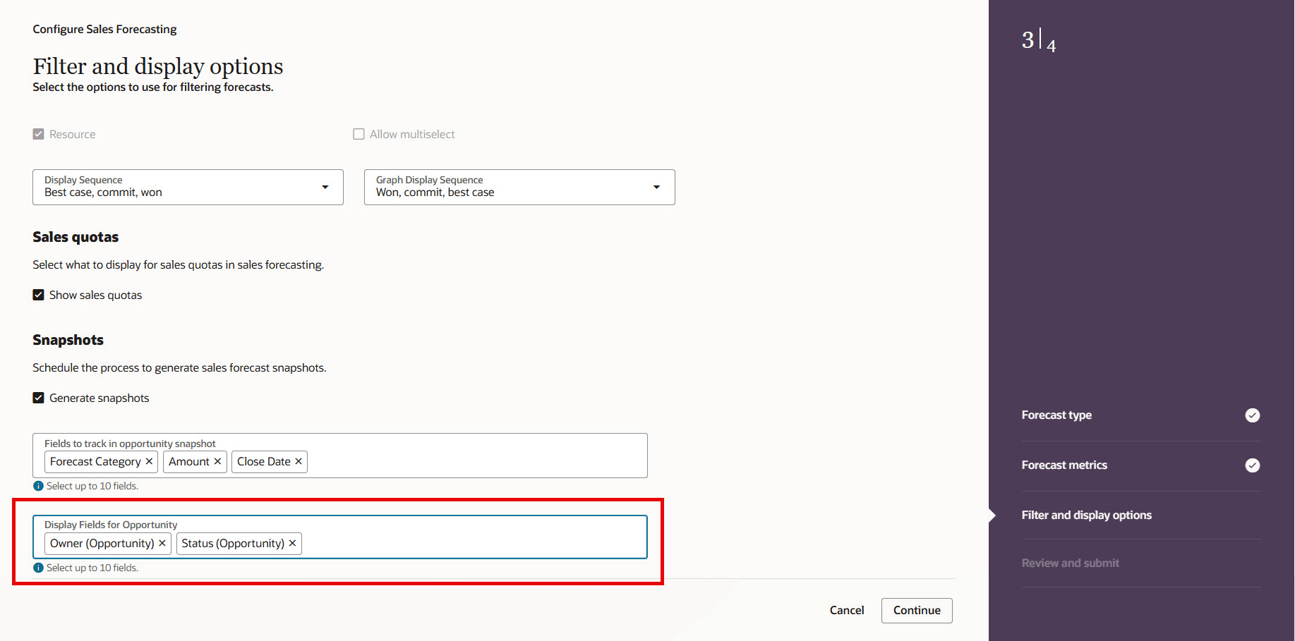 商談の追加表示フィールドを含めるための予測フィルタおよび表示オプション・ステップの構成