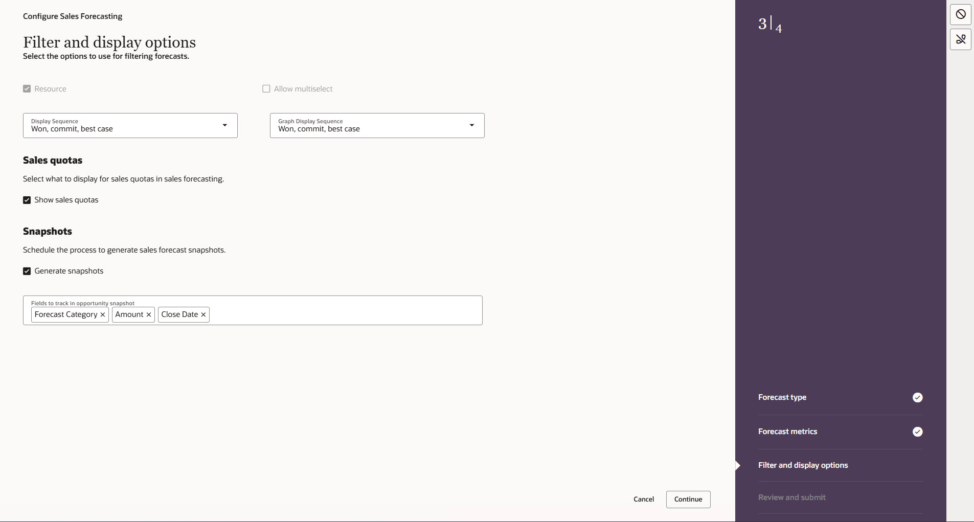 販売予測の構成 - 商談スナップショットで追跡するフィールド