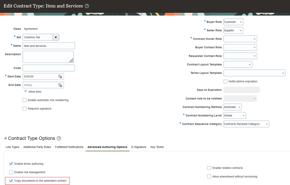 修正済契約設定への文書のコピー