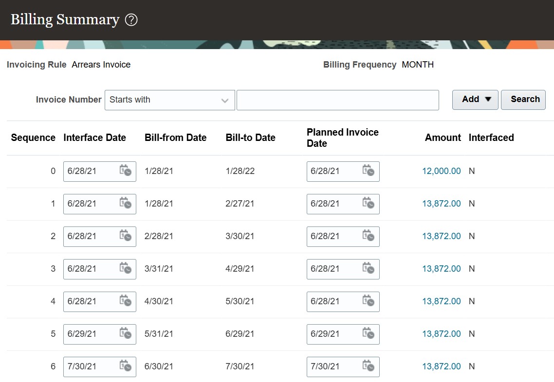 計画請求書日付およびインタフェース日付