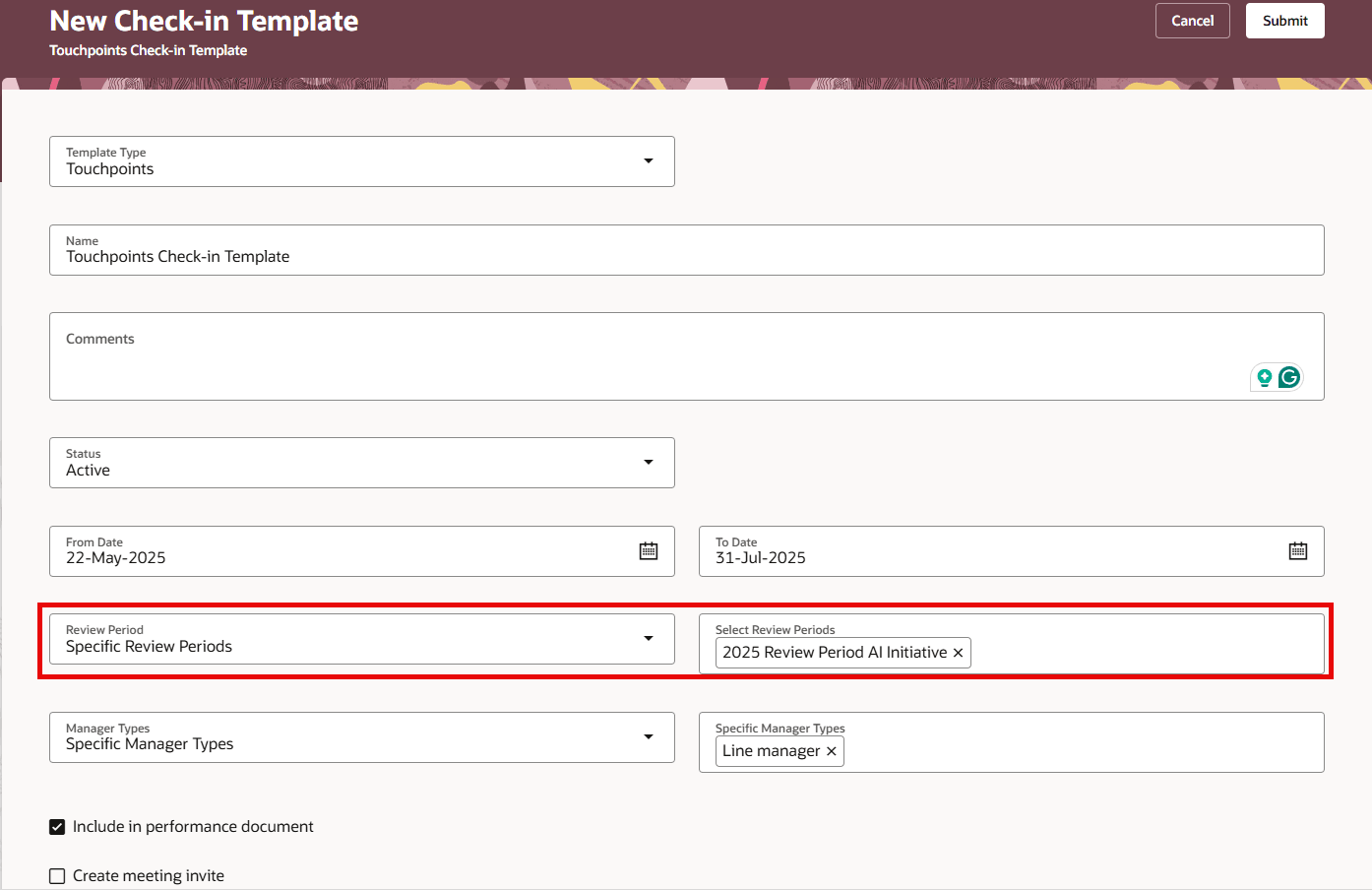 チェックイン・テンプレートのレビュー期間への関連付け