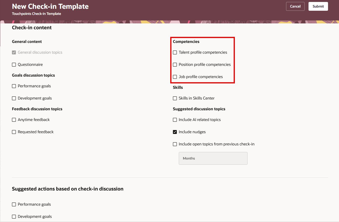 チェックイン・コンテンツでのコンピテンシの選択