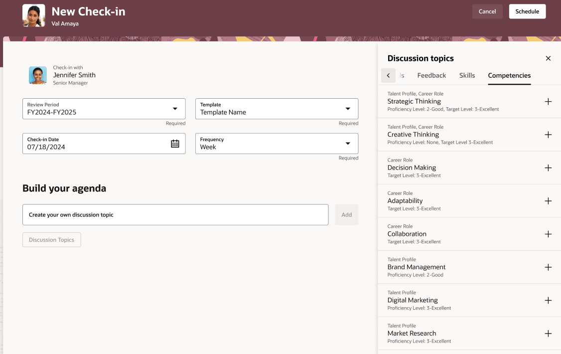 チェックイン・スケジュール中のコンピテンシの選択