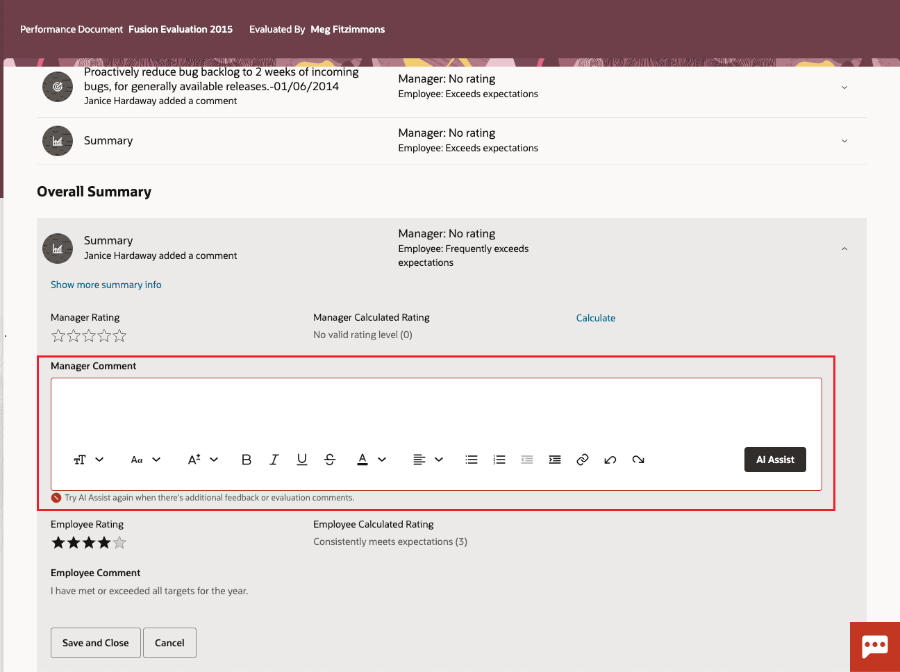 この図は、AIにマネージャ・コメントを生成するための十分なデータがない場合に表示されるメッセージを示しています。