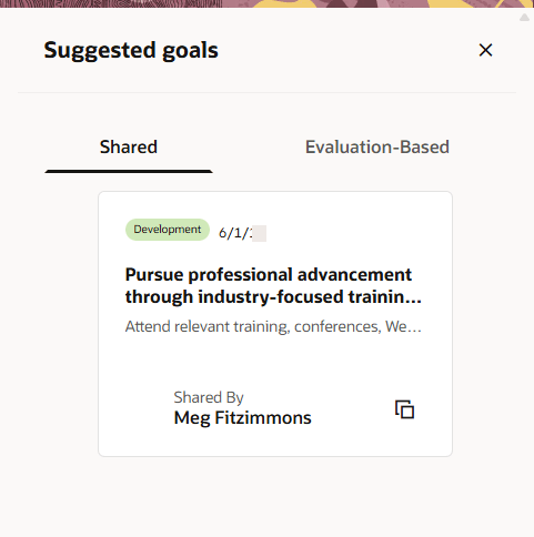 「提示された目標」パネルの「共有」タブ