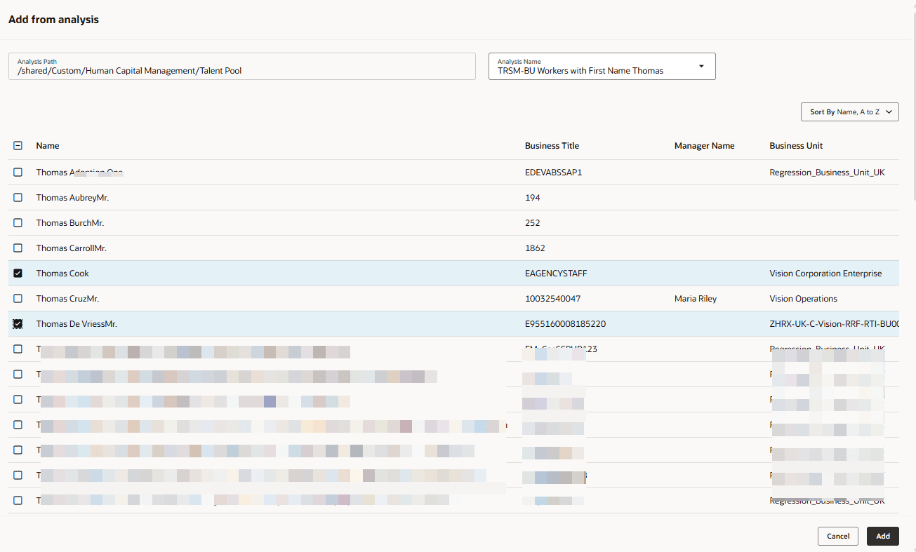 一部の個人が選択された分析パネルから追加