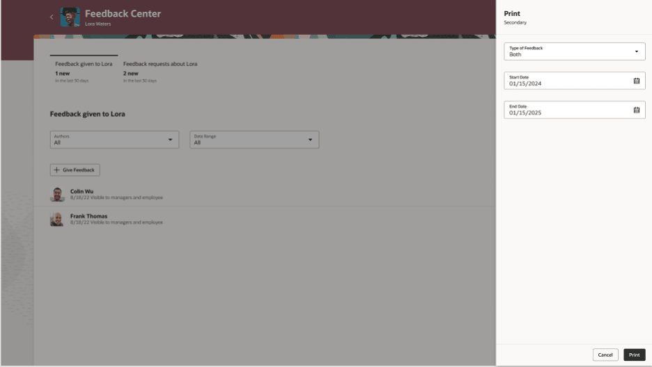 印刷するフィードバックの日付範囲およびタイプを選択してください