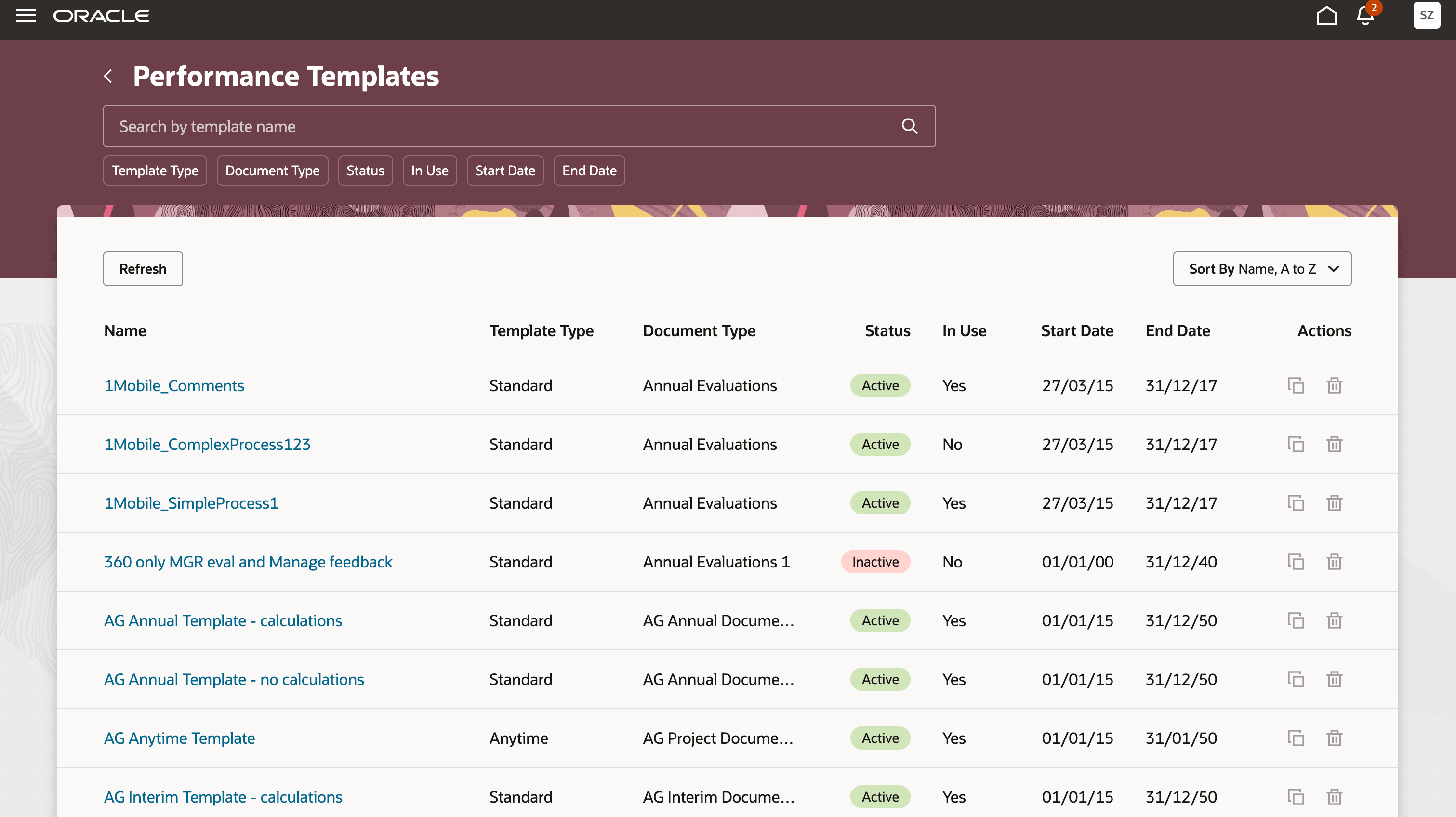 この図は、HRユーザーが使用できる読取り専用「パフォーマンス・テンプレート」ページを示しています。