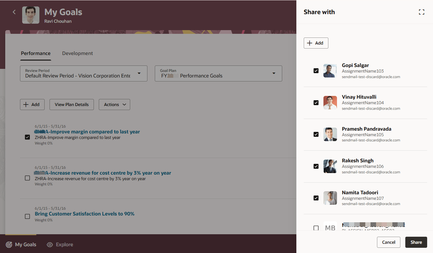 選択したチーム・メンバーの一部を表示するパネルで共有