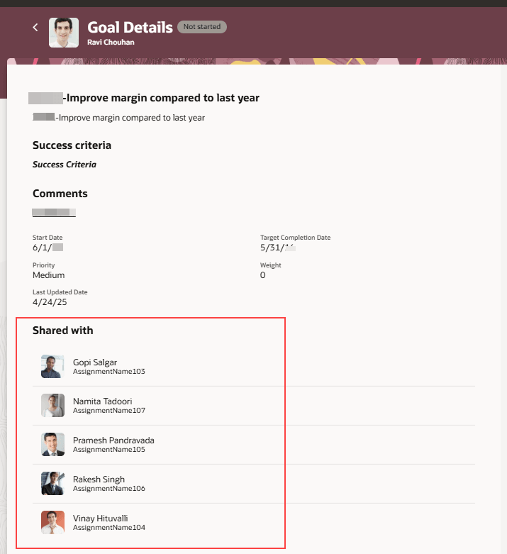 目標詳細で強調表示されたセクションと共有
