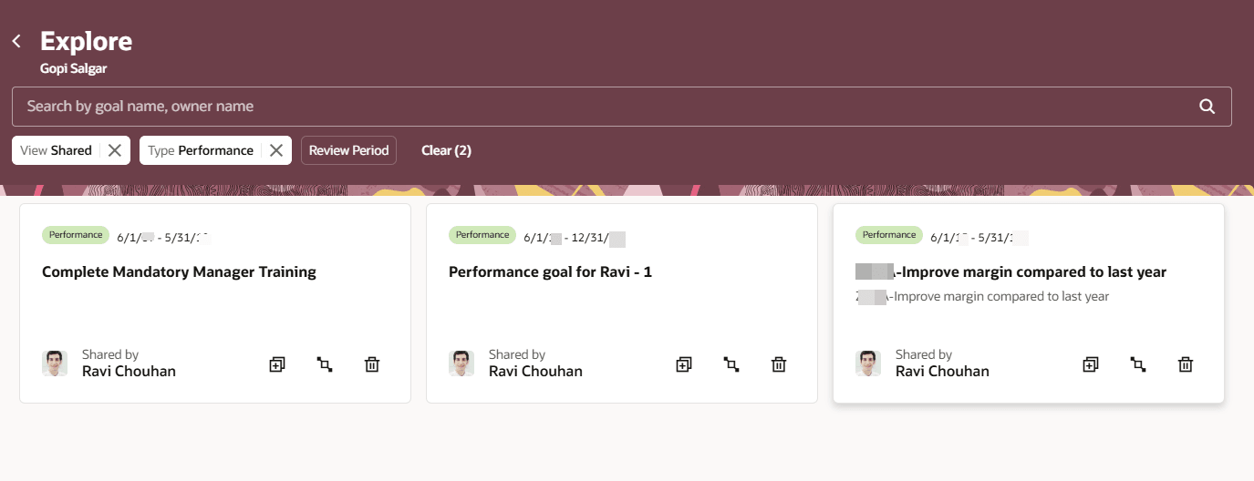チーム・メンバーの目標センターの「探索」タブにリストされている目標カード。