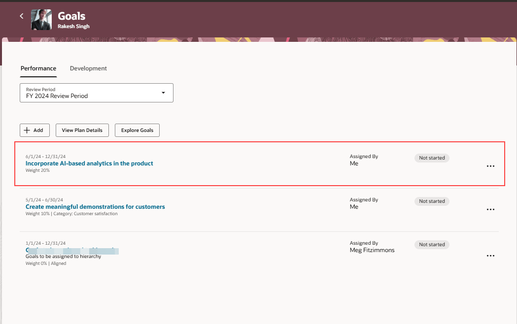 チーム・メンバーの「目標」ページの「パフォーマンス」タブで強調表示された割当済目標