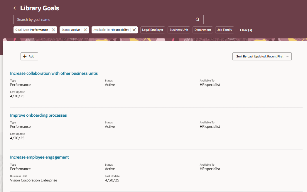 HR担当者が使用できるアクティブなパフォーマンス・ライブラリ目標を表示するためにフィルタが適用された「ライブラリ目標」ページ