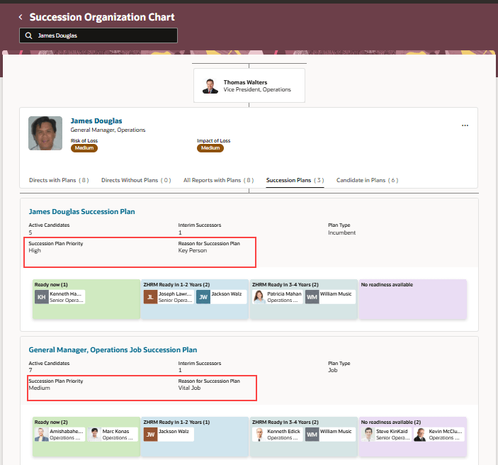 個人の後任組織チャートの「後任プラン」タブで強調表示された付加フレックスフィールド