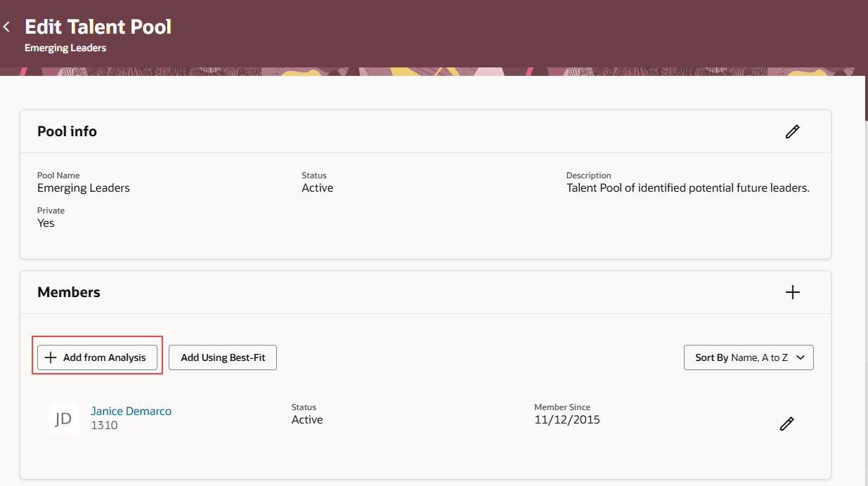 「メンバー」セクションで「分析から追加」ボタンが強調表示された「タレント・プールの編集」ページ。
