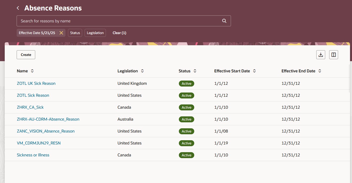 「休暇欠勤事由Redwood」ページ
