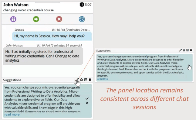 25Bチャット・エージェントの「提案」パネルをアンカーできます