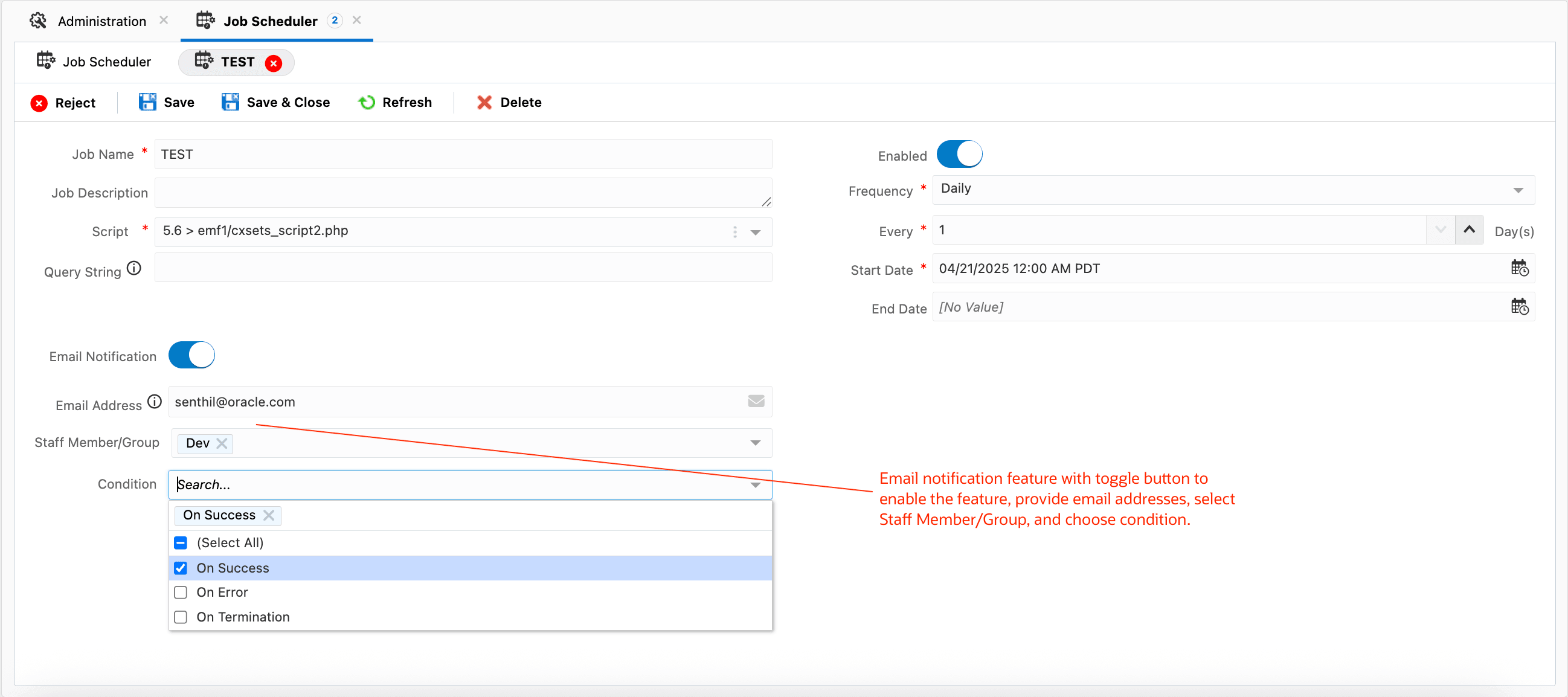 ジョブ・スケジューラでの電子メール通知