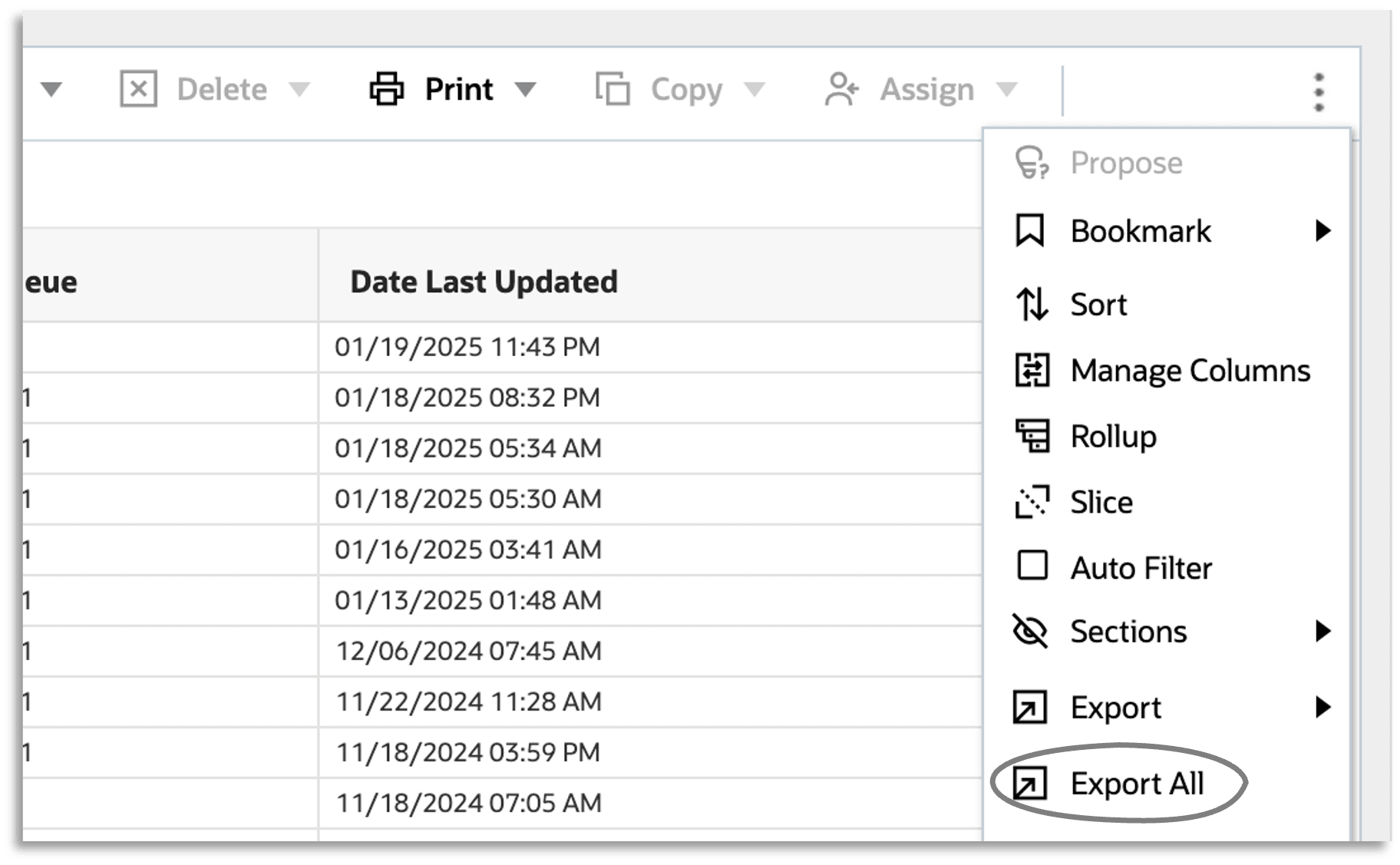 BUIレポートのすべてのオプションのエクスポート