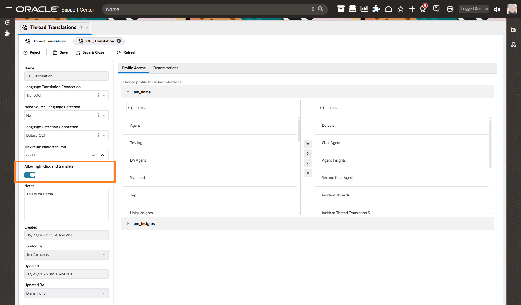 エージェントによる選択したコンテンツの右クリックおよび翻訳の許可