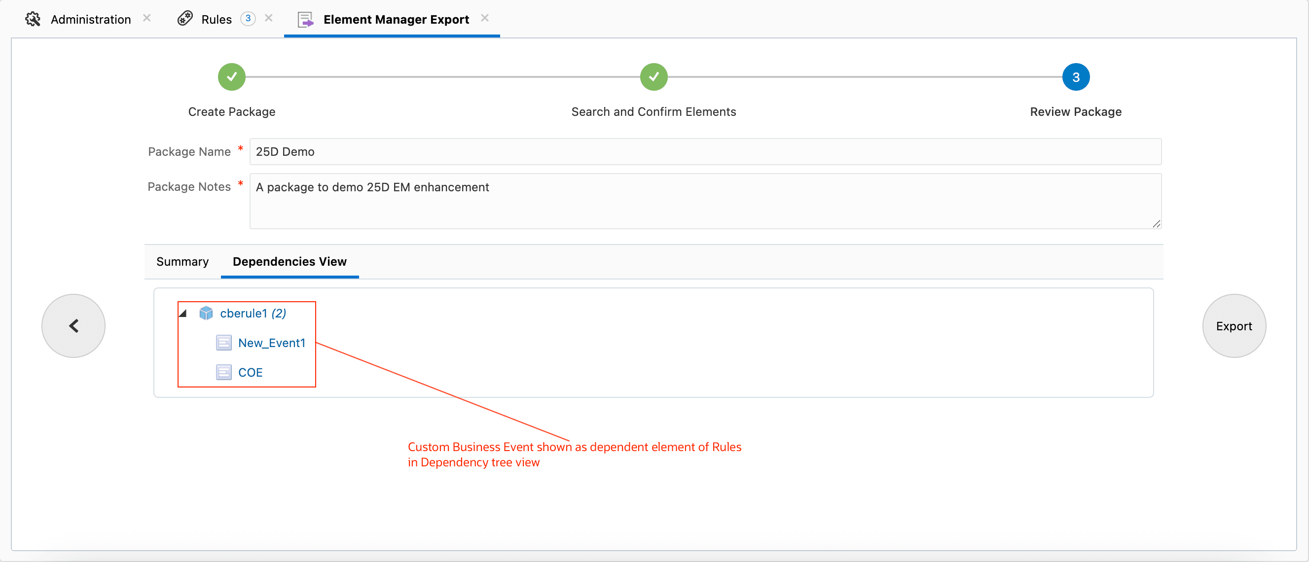 依存ツリーに依存要素として表示されるカスタム・ビジネス・イベント