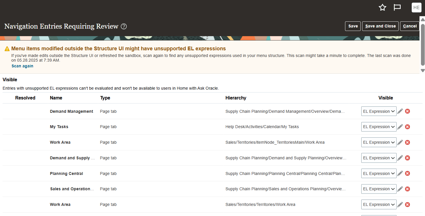 「レビューが必要なナビゲーション・エントリ」ページ