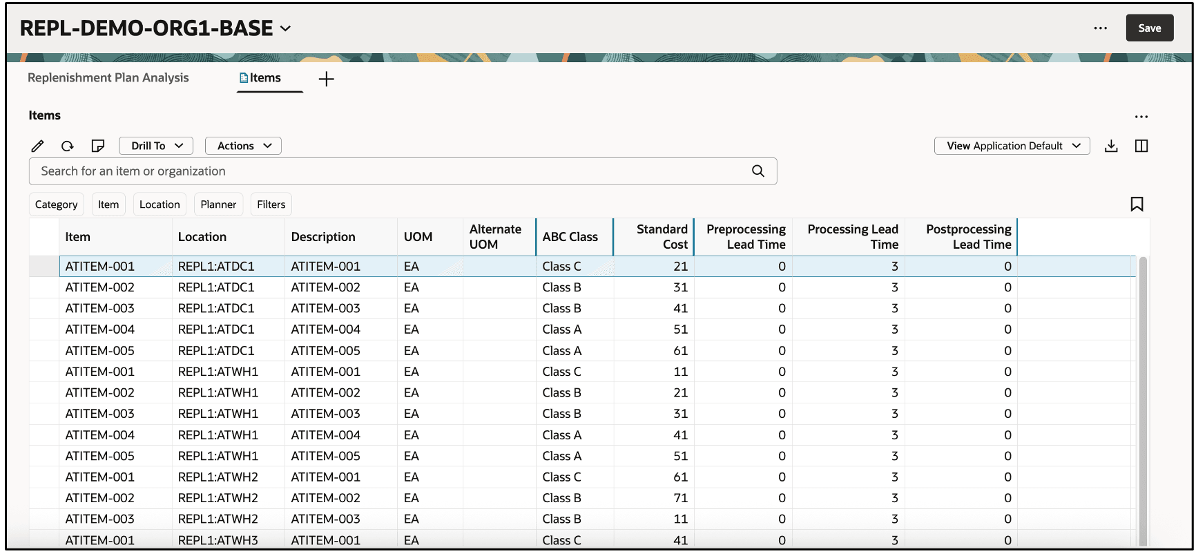補充計画の品目表