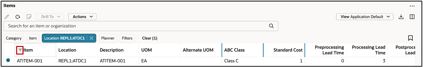 フィルタ適用後の品目表