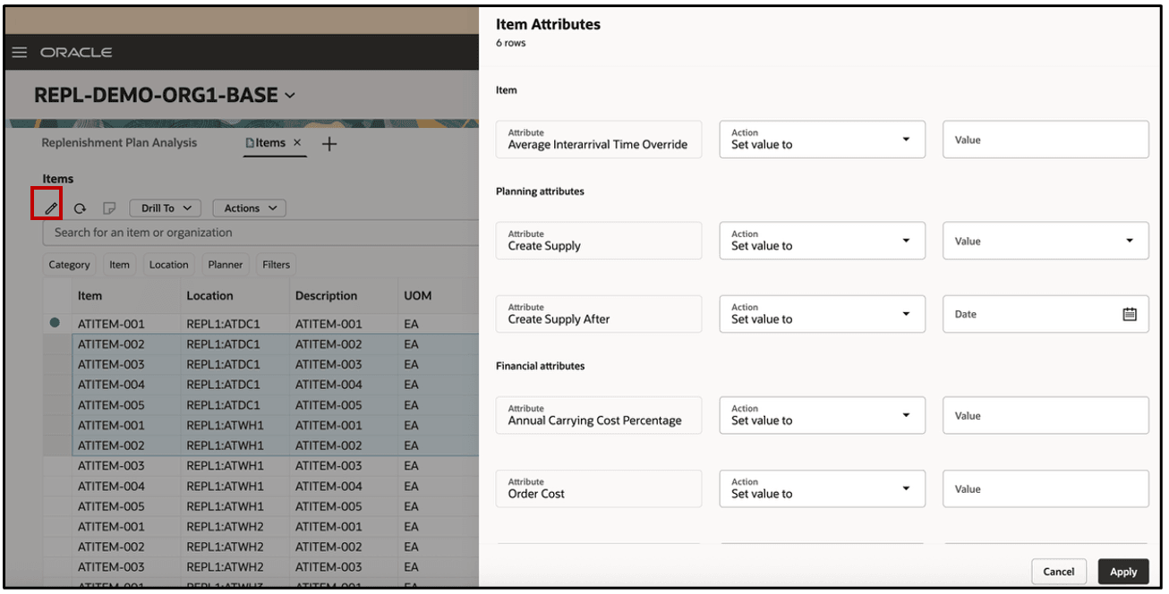 品目属性ドロワー