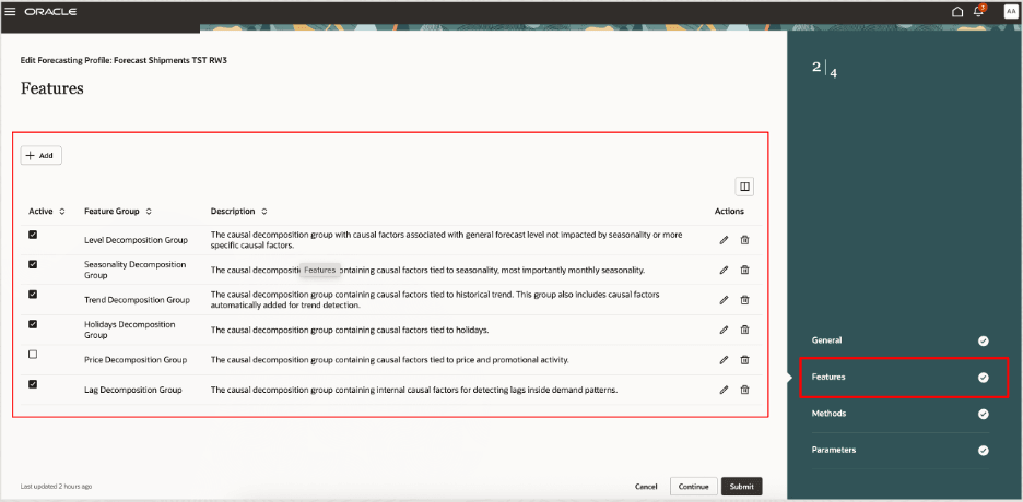 予測プロファイルを編集するためのガイド付きプロセスの機能ステップ