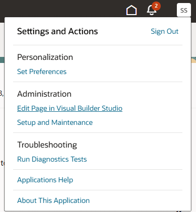 ユーザー・メニューのVisual Builder Studioのページの編集