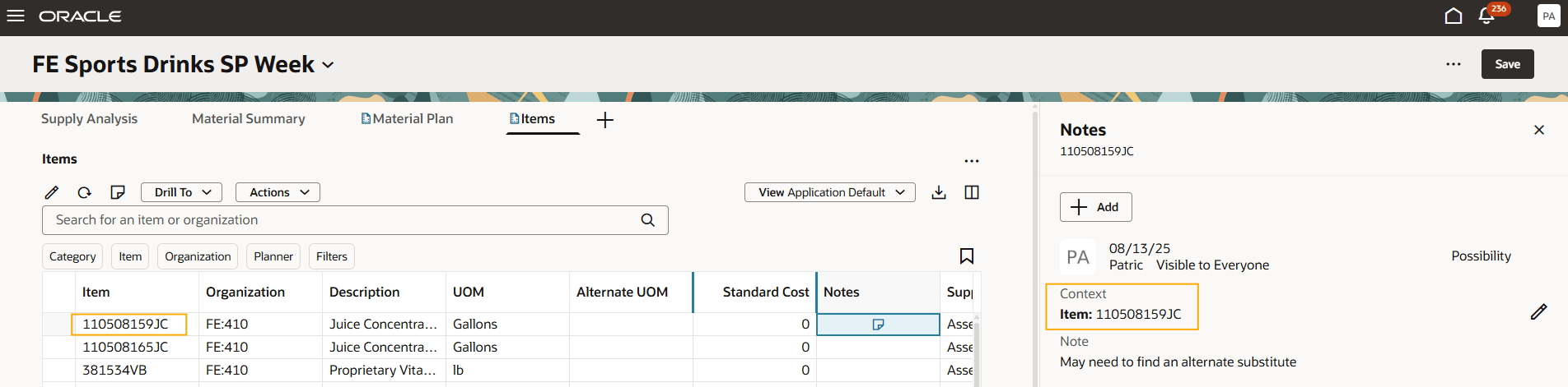 ノートとその単一品目コンテキストを表示する品目表