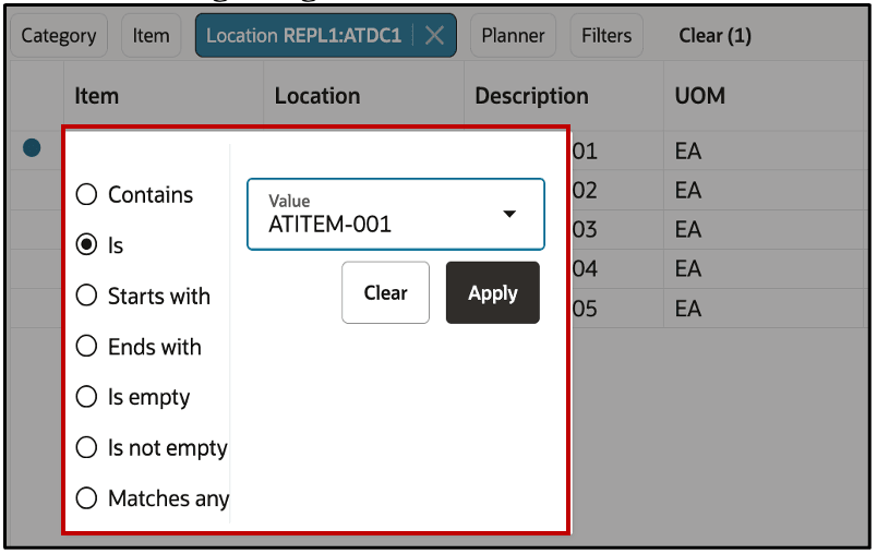 品目列フィルタ