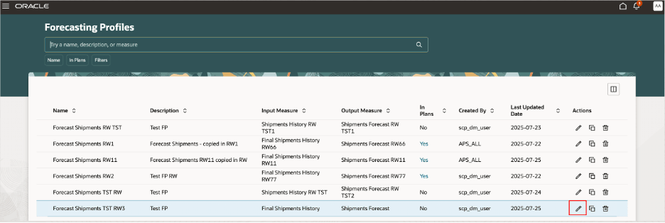 予測プロファイル・ページの「編集」アイコン
