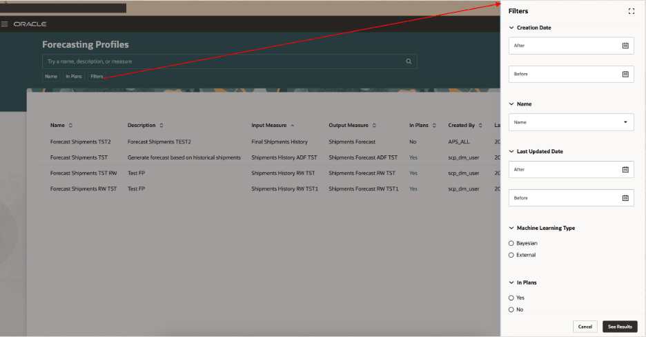 予測プロファイル・ページでドロワーをフィルタ