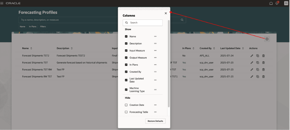 予測プロファイル・ページの列ダイアログ・ボックス