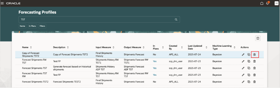 予測プロファイル・ページの削除アイコン