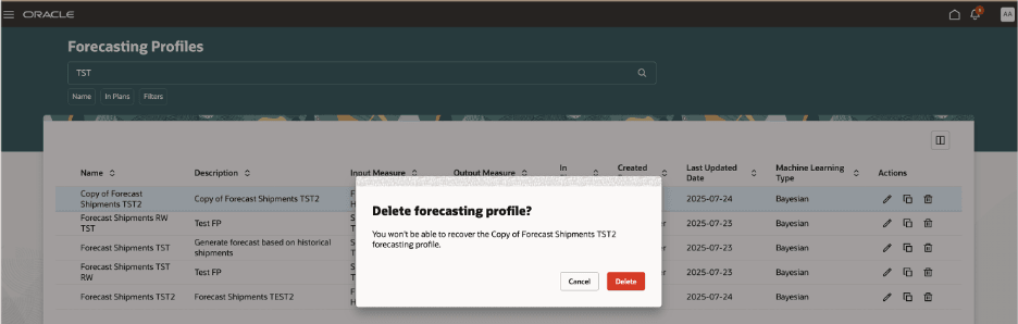 予測プロファイルを削除するための確認メッセージ