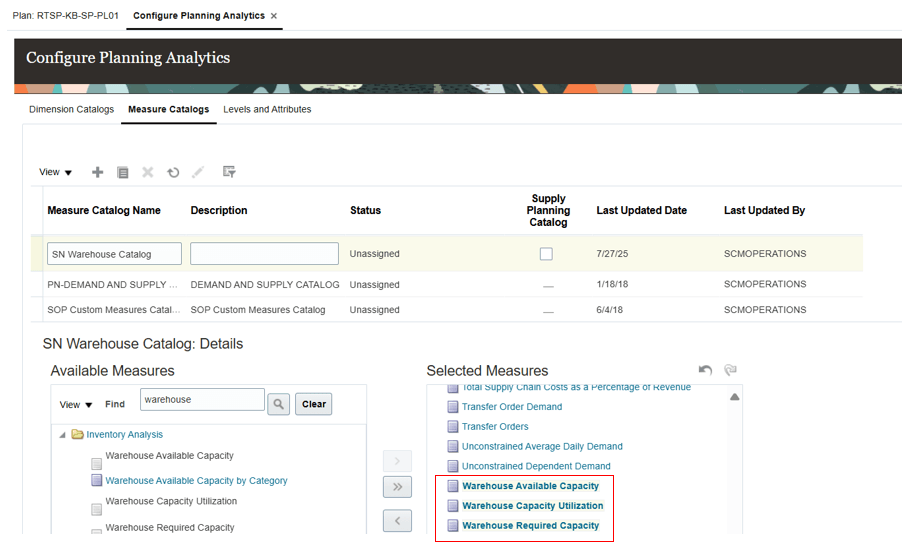 倉庫能力ビジュアライゼーション・メジャーを使用したプランのメジャー・カタログ
