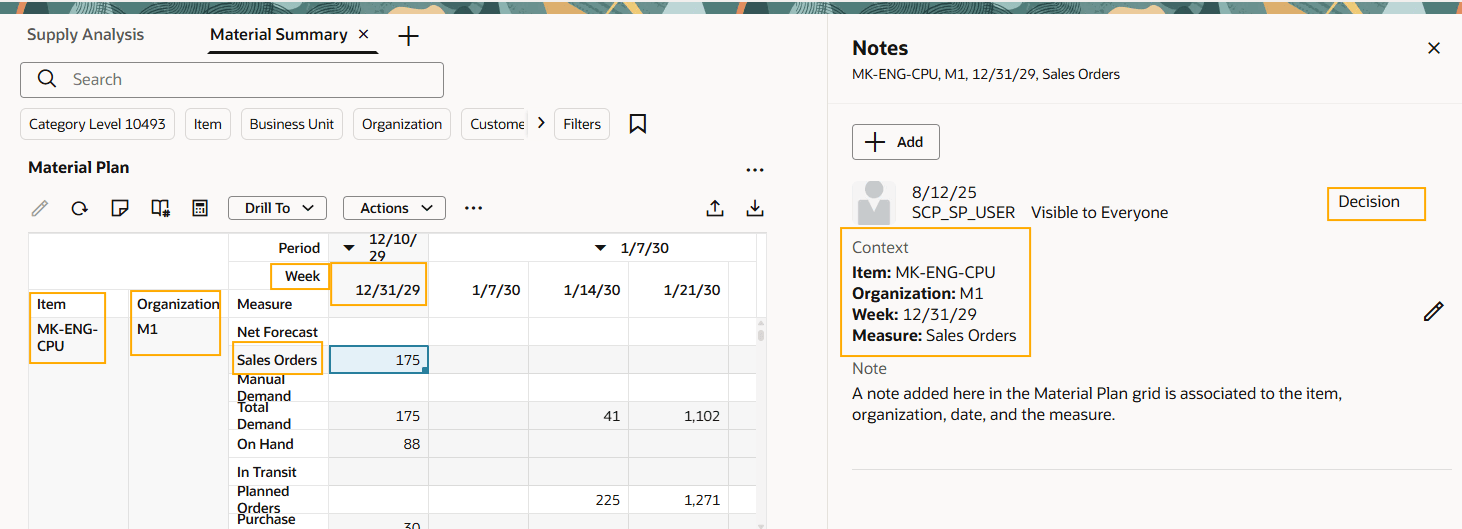 ノートとその複数属性コンテキストを表示する資材プラン・グリッド(品目、組織、週およびメジャー)
