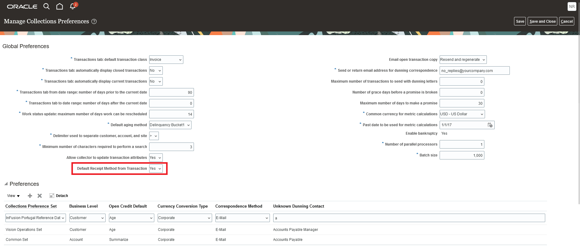 「回収プリファレンスの管理」ページ