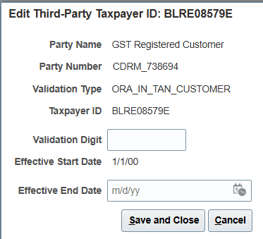 顧客のTAN設定詳細