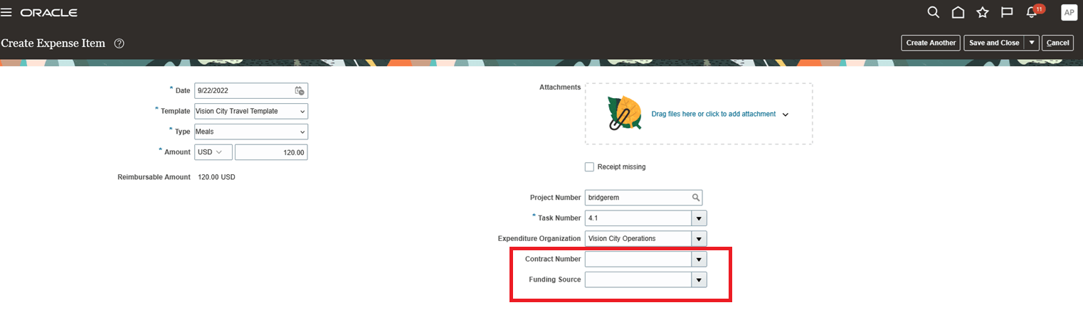 プロジェクトおよびタスク詳細のみを含む経費発行