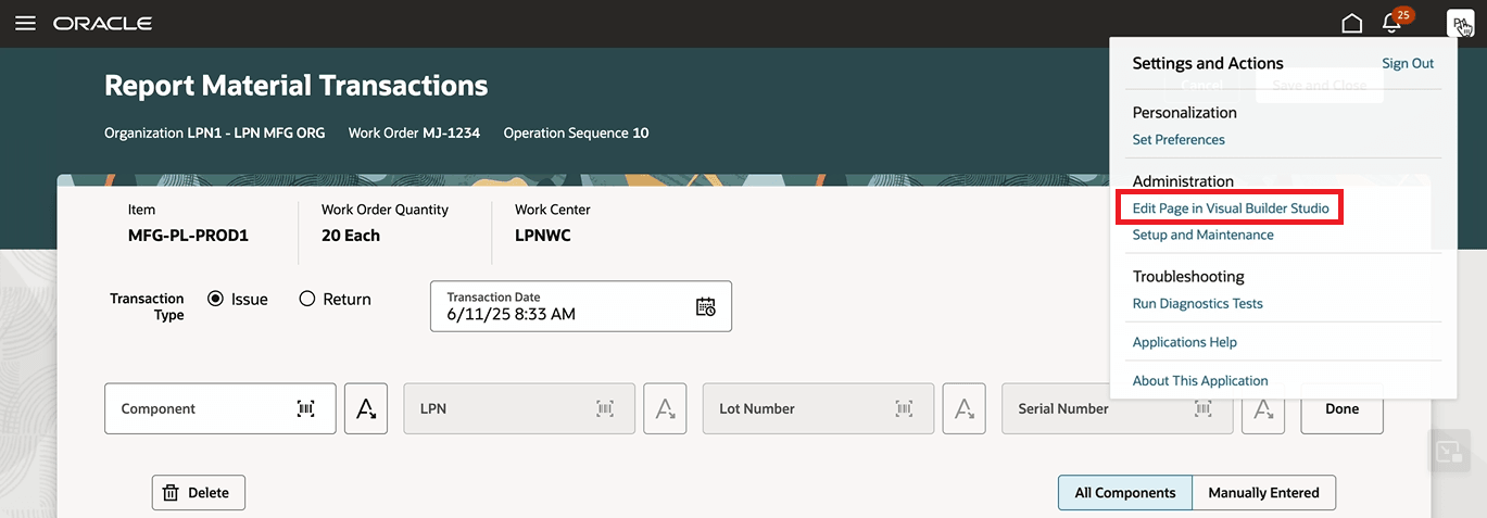Visual Builder Studioのハイパーリンクで「ページの編集」をクリックします: