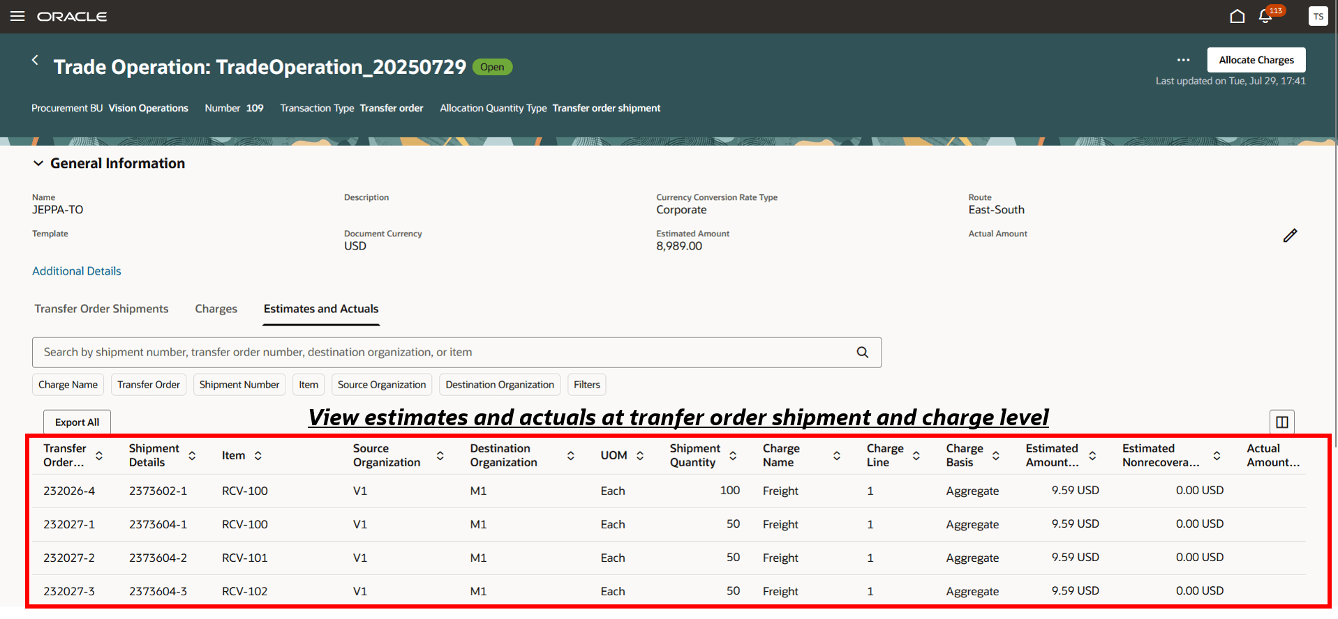 取引操作の編集の「見積および実績」タブのスクリーンショット